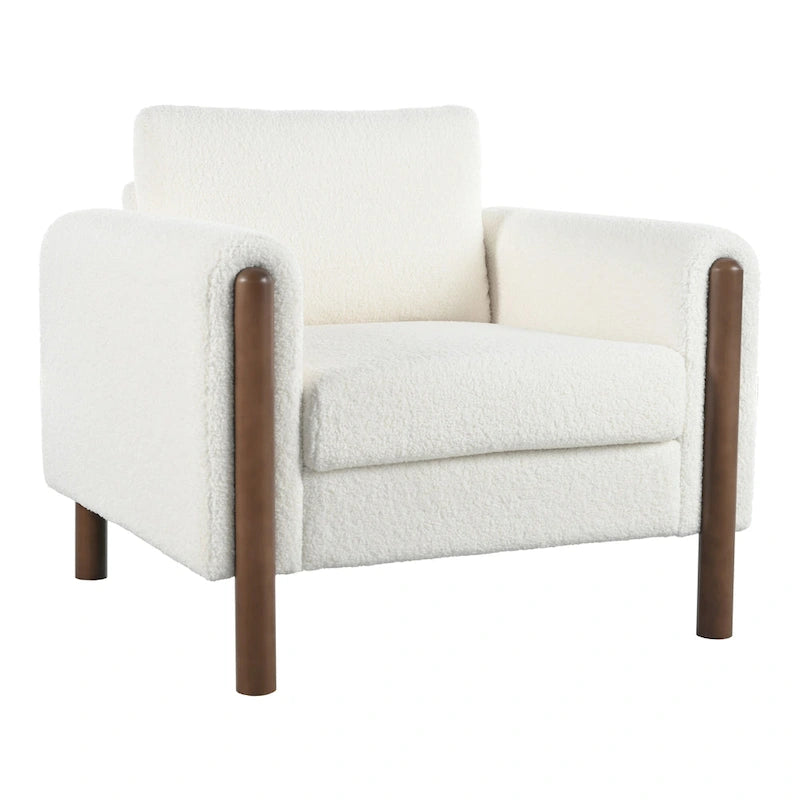 Fauteuil d'appoint en bouclé blanc avec pieds en noyer et accoudoirs incurvés