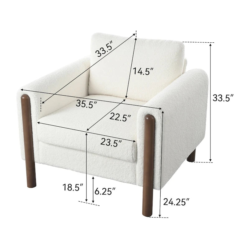 Fauteuil d'appoint en bouclé blanc avec pieds en noyer et accoudoirs incurvés
