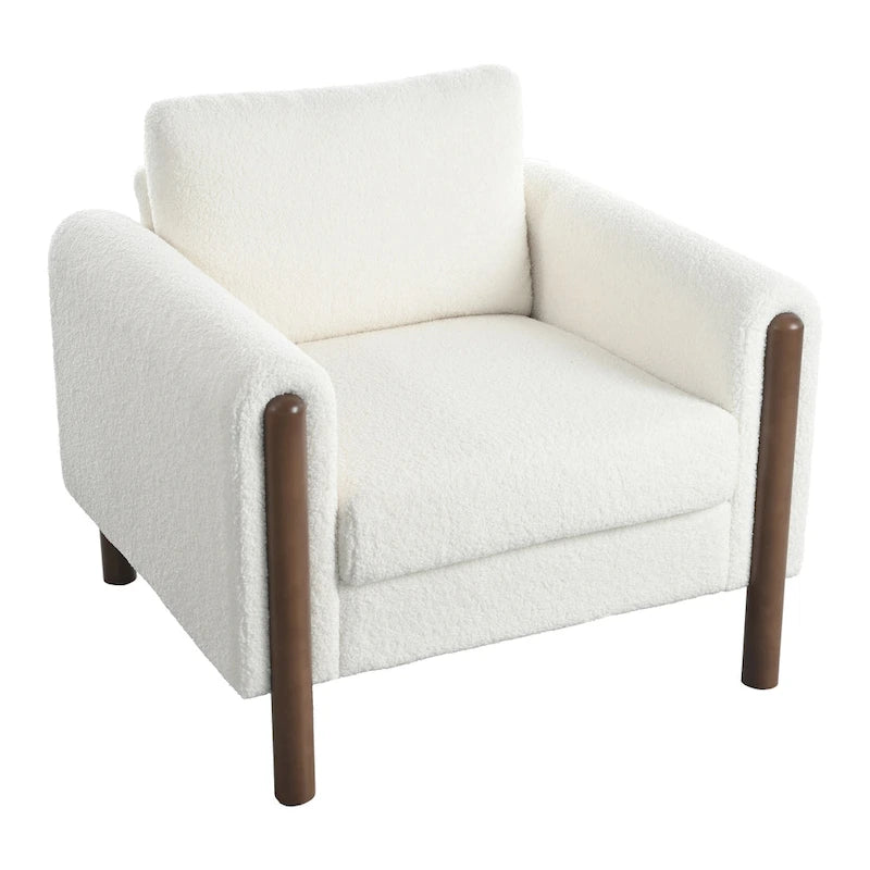 Fauteuil d'appoint en bouclé blanc avec pieds en noyer et accoudoirs incurvés