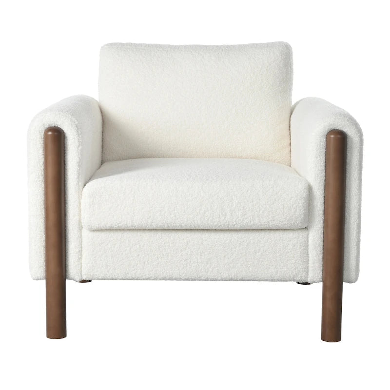 Fauteuil d'appoint en bouclé blanc avec pieds en noyer et accoudoirs incurvés