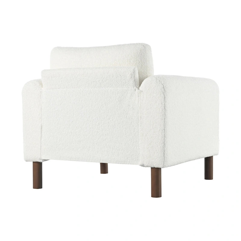 Fauteuil d'appoint en bouclé blanc avec pieds en noyer et accoudoirs incurvés