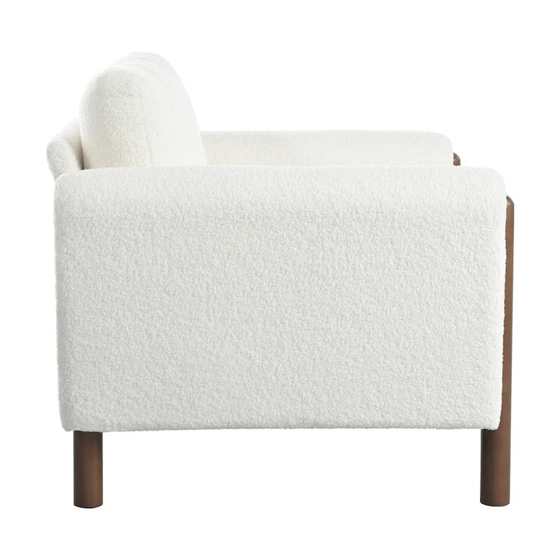 Fauteuil d'appoint en bouclé blanc avec pieds en noyer et accoudoirs incurvés