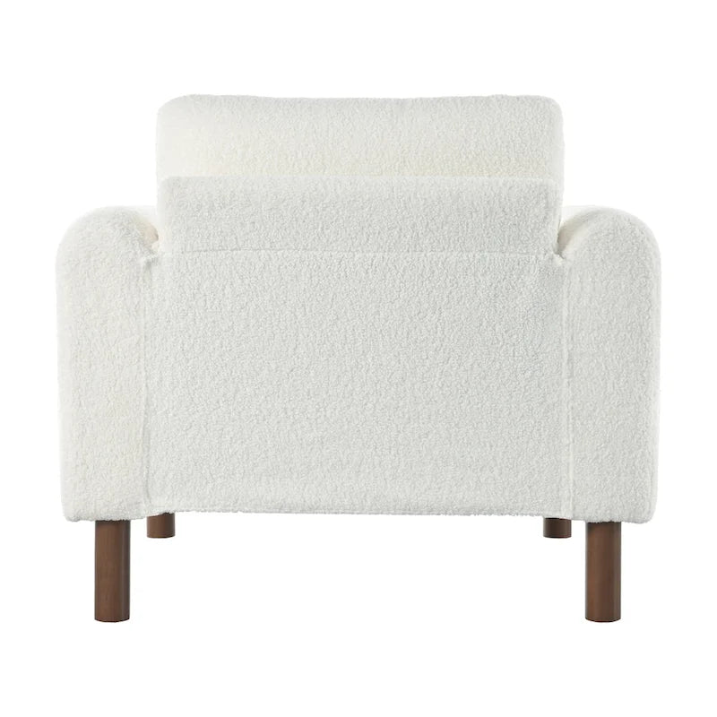 Fauteuil d'appoint en bouclé blanc avec pieds en noyer et accoudoirs incurvés