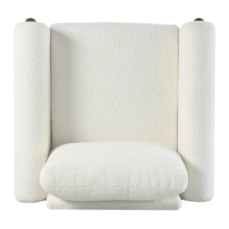 Fauteuil d'appoint en bouclé blanc avec pieds en noyer et accoudoirs incurvés