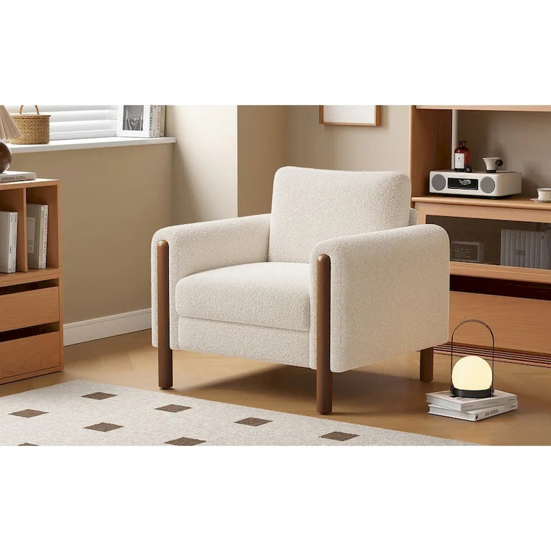 Fauteuil d'appoint en bouclé blanc avec pieds en noyer et accoudoirs incurvés