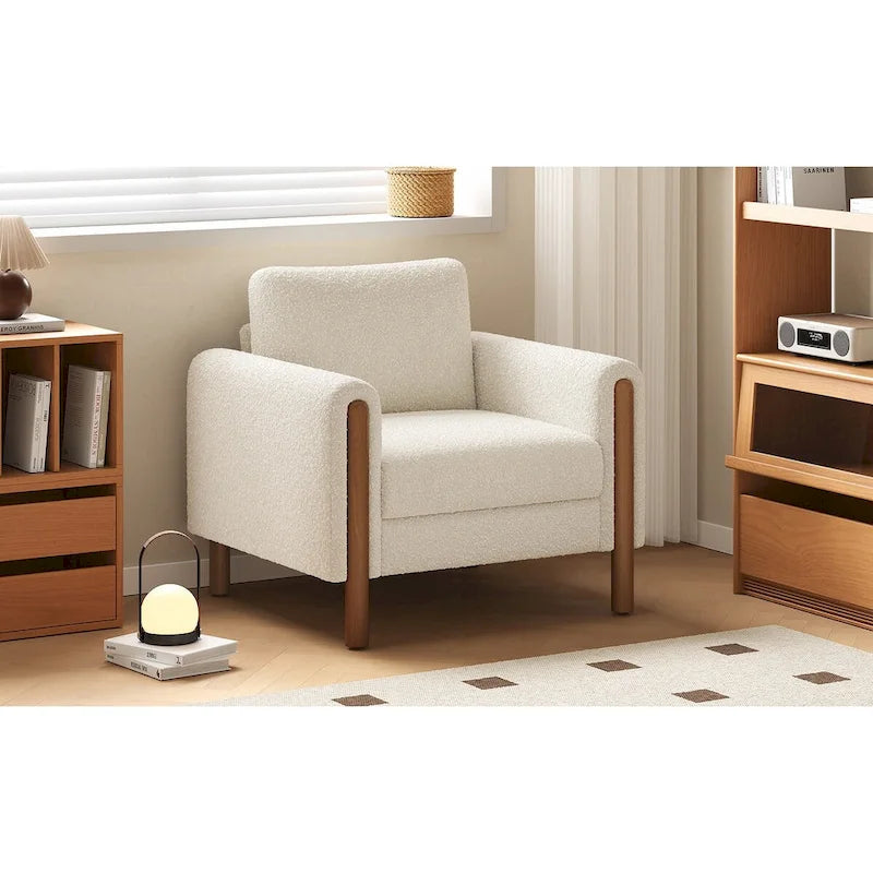 Fauteuil d'appoint en bouclé blanc avec pieds en noyer et accoudoirs incurvés