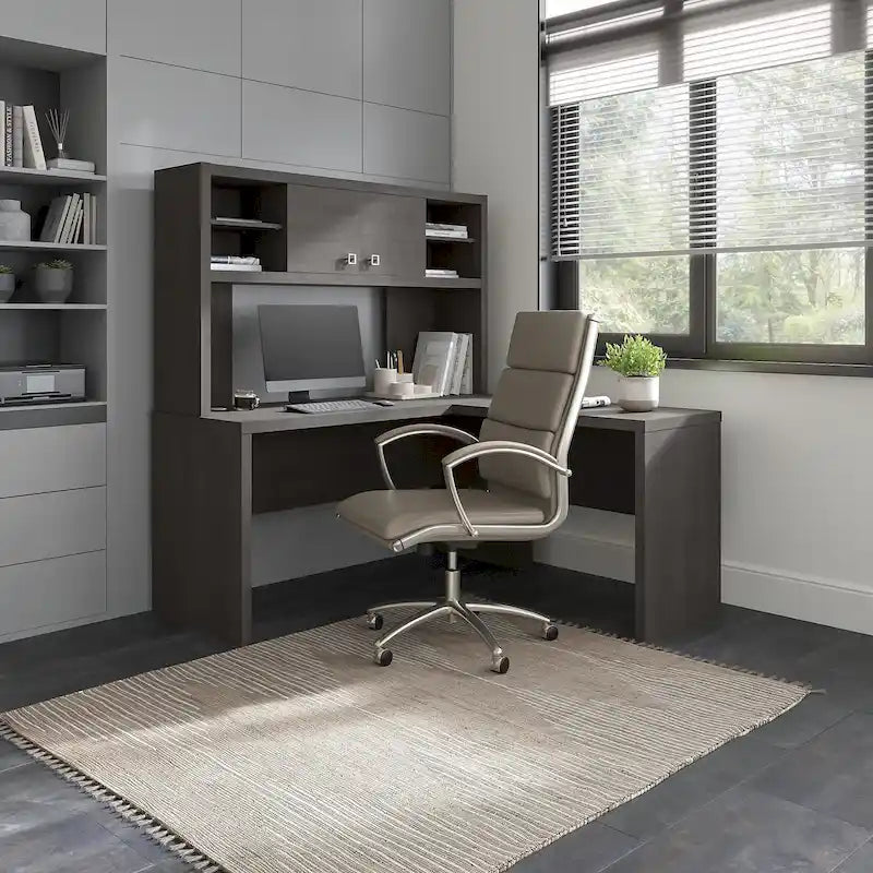 Bureau d'angle en L avec huche et armoire de rangement à étagères réglables