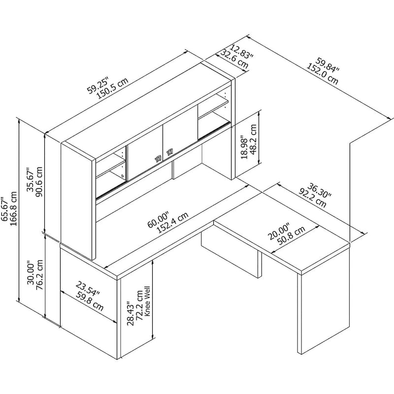 Bureau d'angle en L avec huche et armoire de rangement à étagères réglables
