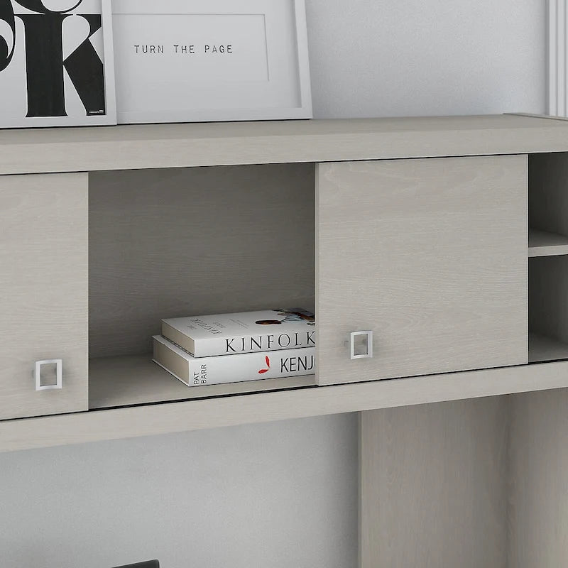 Bureau d'angle en L avec huche et armoire de rangement à étagères réglables