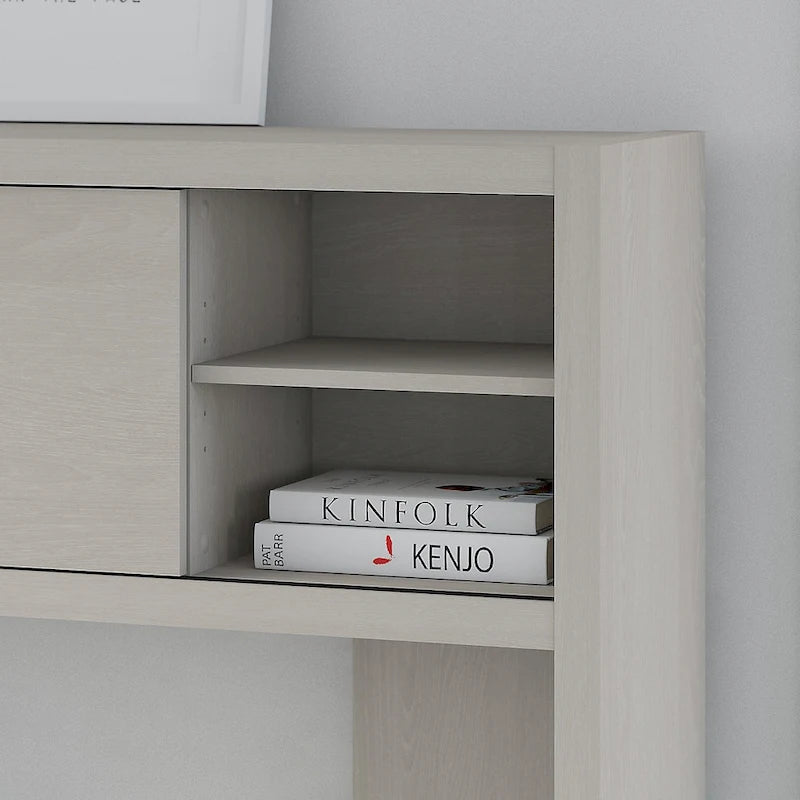 Bureau d'angle en L avec huche et armoire de rangement à étagères réglables
