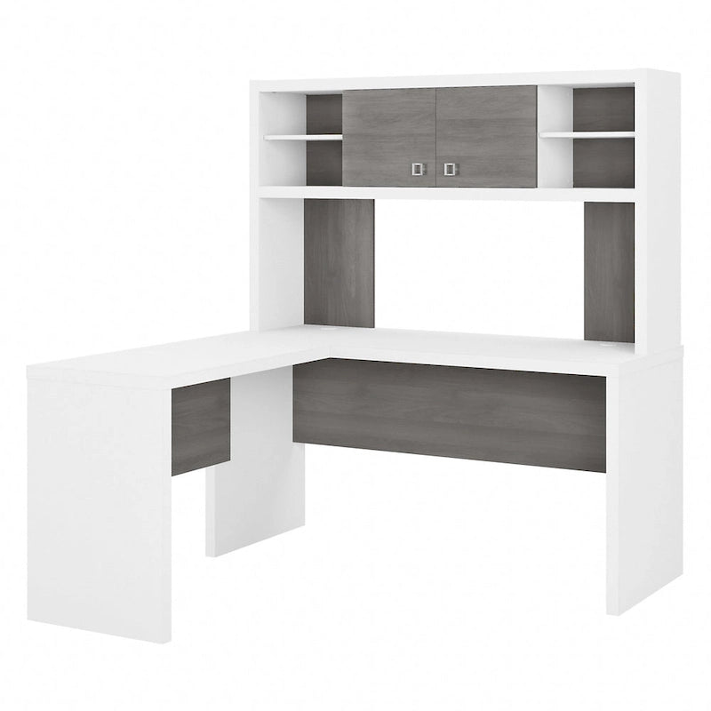 Bureau d'angle en L avec huche et armoire de rangement à étagères réglables