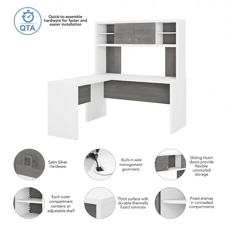Bureau d'angle en L avec huche et armoire de rangement à étagères réglables