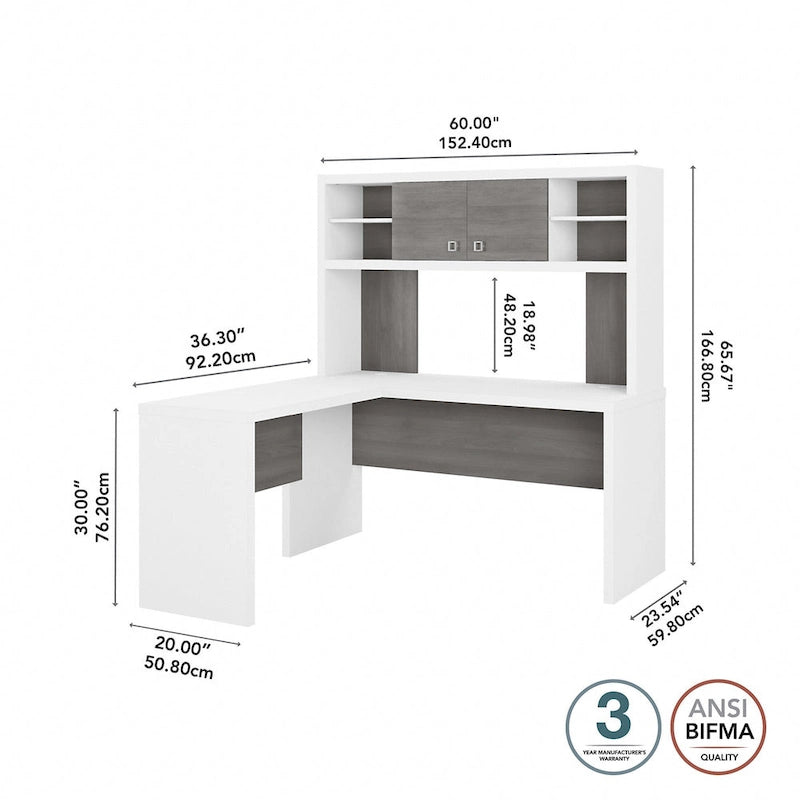 Bureau d'angle en L avec huche et armoire de rangement à étagères réglables