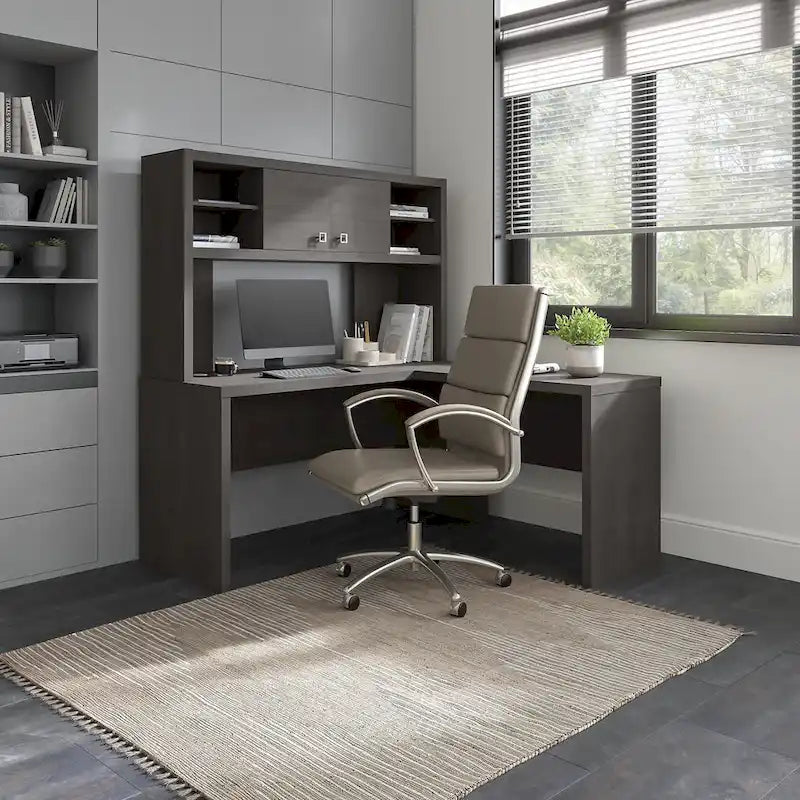Bureau d'angle en L avec huche et armoire de rangement à étagères réglables