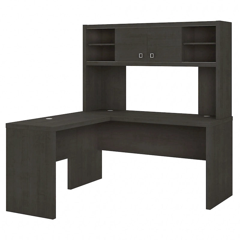 Bureau d'angle en L avec huche et armoire de rangement à étagères réglables