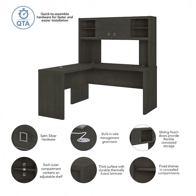 Bureau d'angle en L avec huche et armoire de rangement à étagères réglables