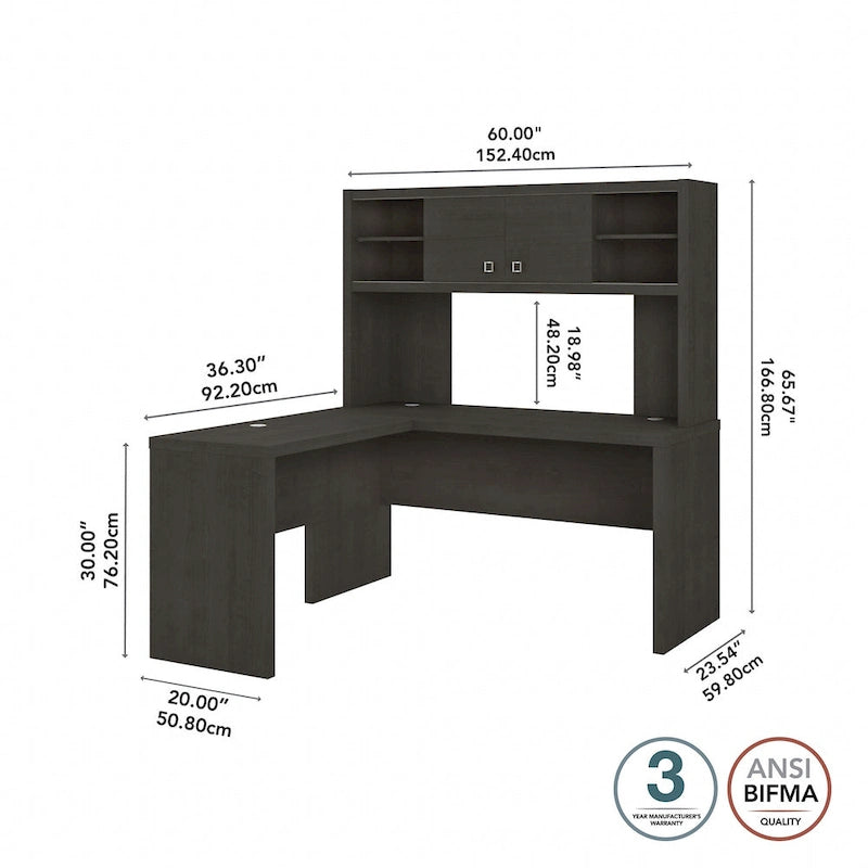 Bureau d'angle en L avec huche et armoire de rangement à étagères réglables