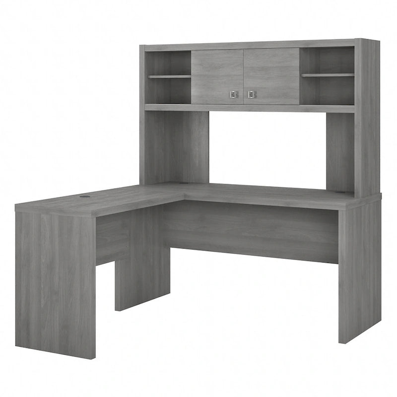 Bureau d'angle en L avec huche et armoire de rangement à étagères réglables