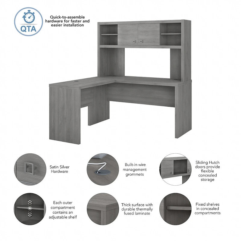 Bureau d'angle en L avec huche et armoire de rangement à étagères réglables