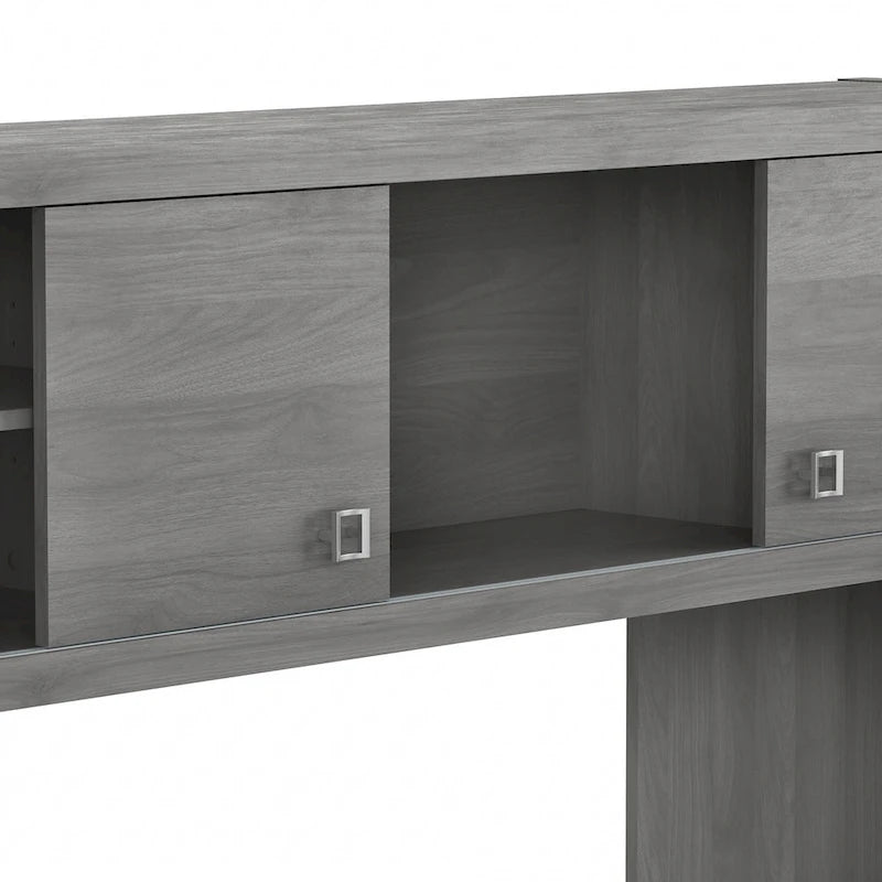 Bureau d'angle en L avec huche et armoire de rangement à étagères réglables