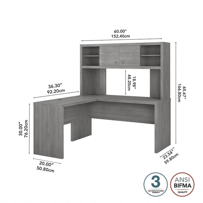 Bureau d'angle en L avec huche et armoire de rangement à étagères réglables