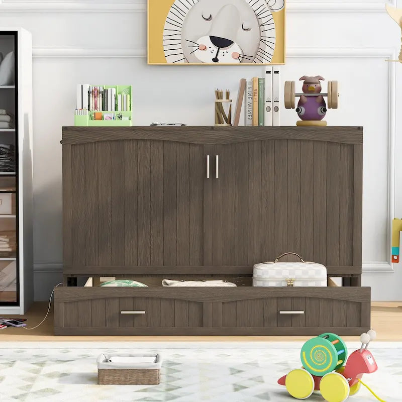 Armoire-lit escamotable murale avec tiroir de chargement USB, finition gris antique