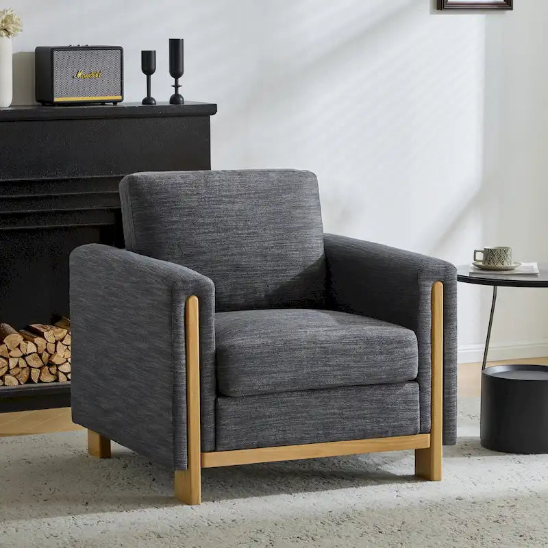 Fauteuil rembourré avec cadre en bois massif Tissu naturel anthracite