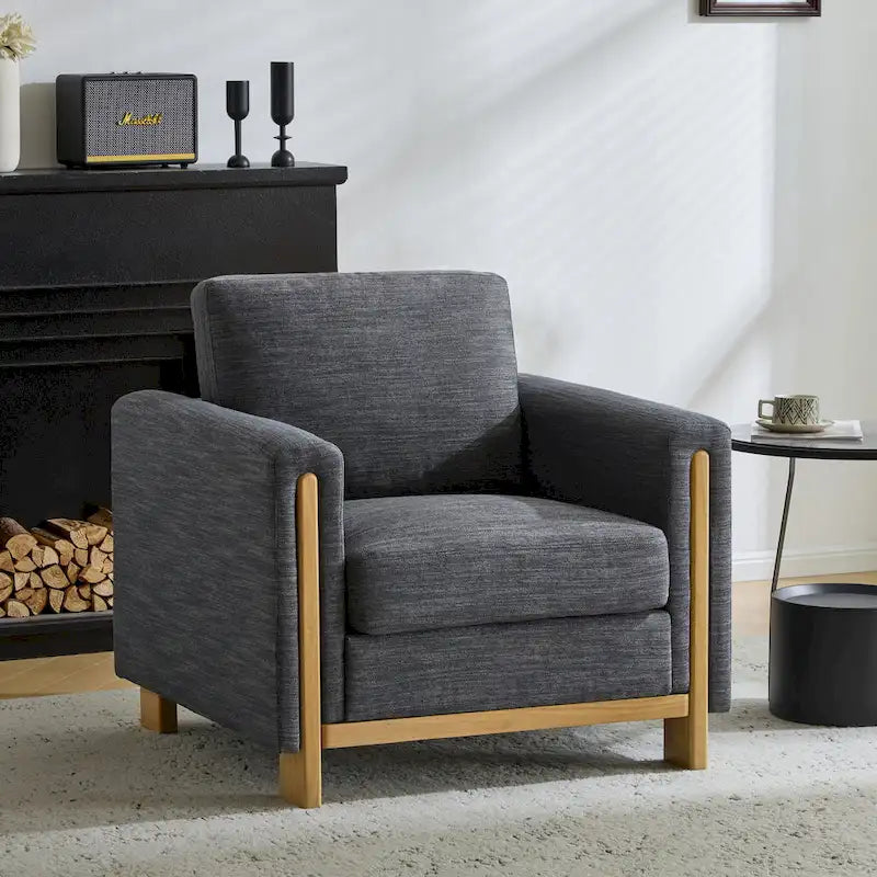 Fauteuil rembourré avec cadre en bois massif Tissu naturel anthracite