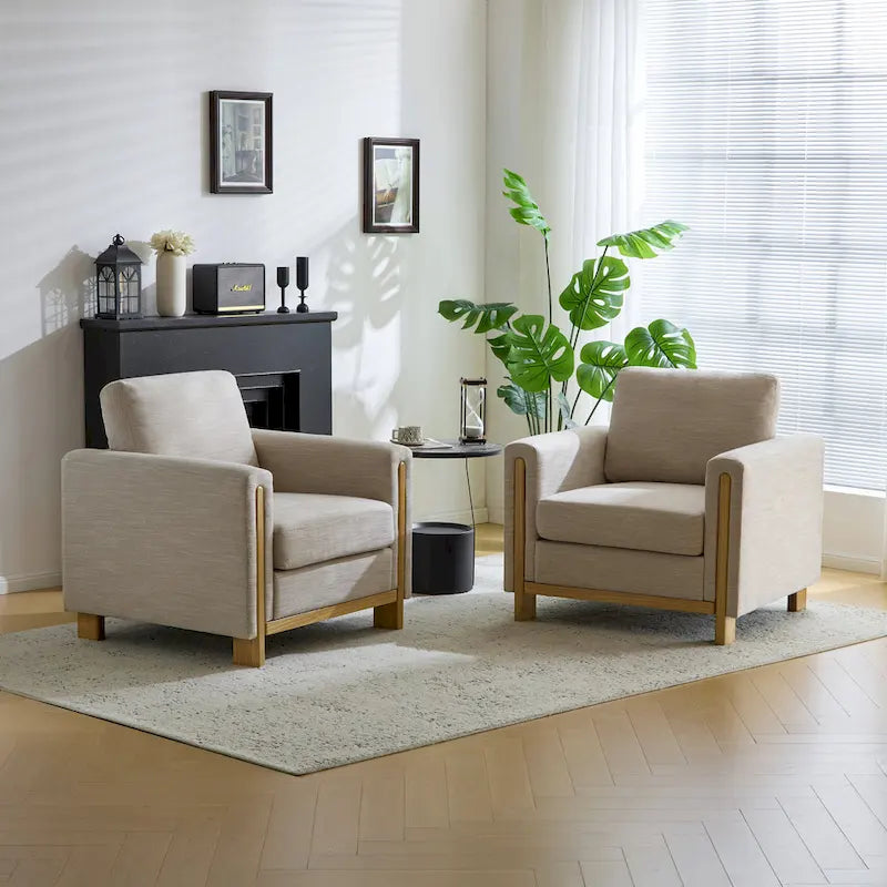 Fauteuil rembourré avec cadre en bois massif Tissu naturel anthracite