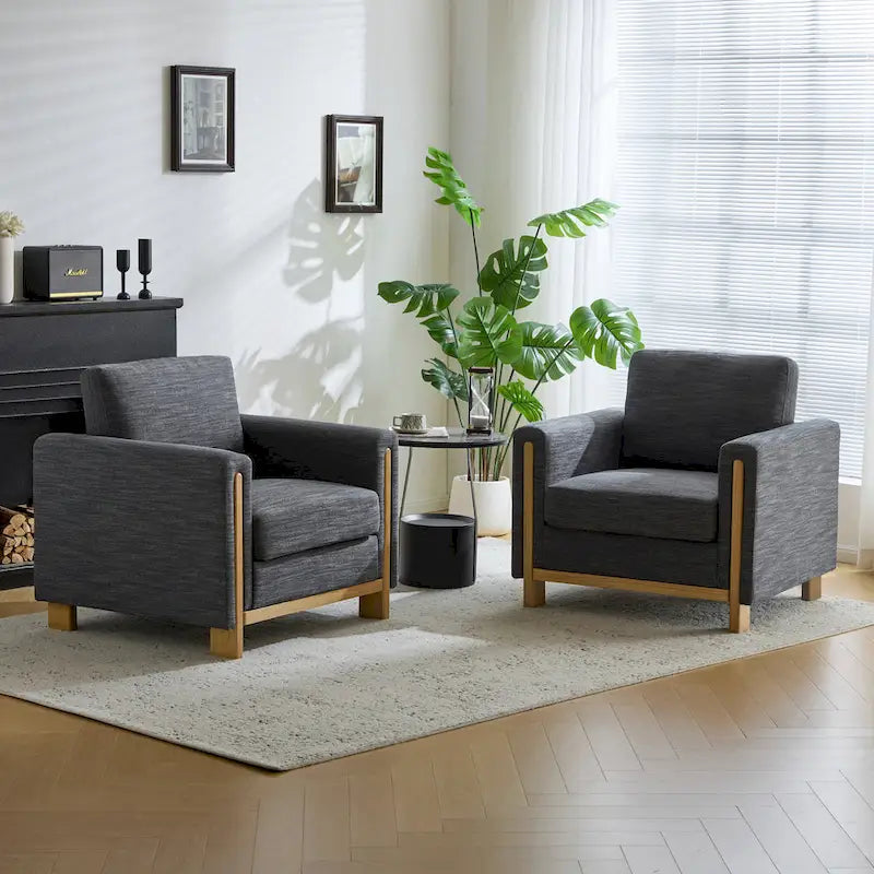 Fauteuil rembourré avec cadre en bois massif Tissu naturel anthracite