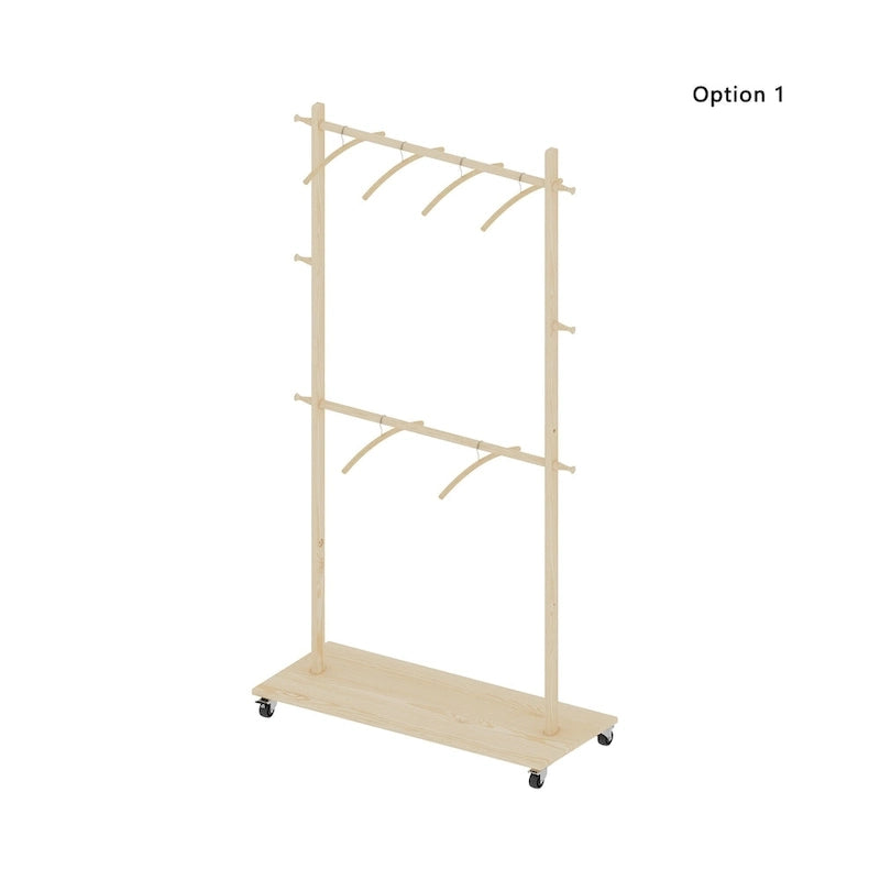 Portant à Vêtements Autonome en Bois avec Doubles Tiges, Étagère Inférieure, Roulettes, Beige