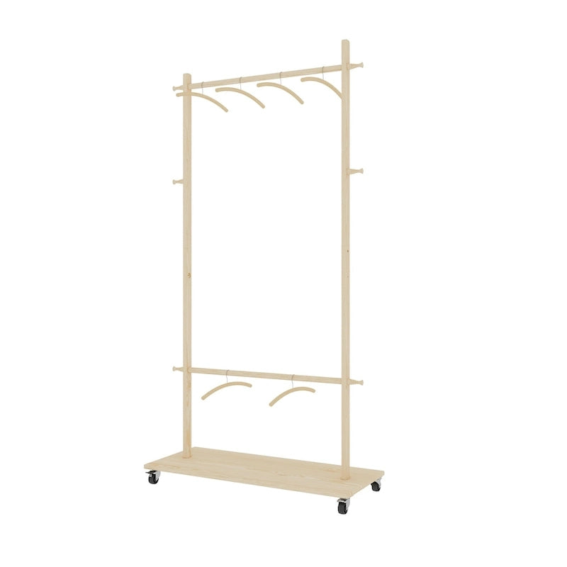 Portant à Vêtements Autonome en Bois avec Doubles Tiges, Étagère Inférieure, Roulettes, Beige