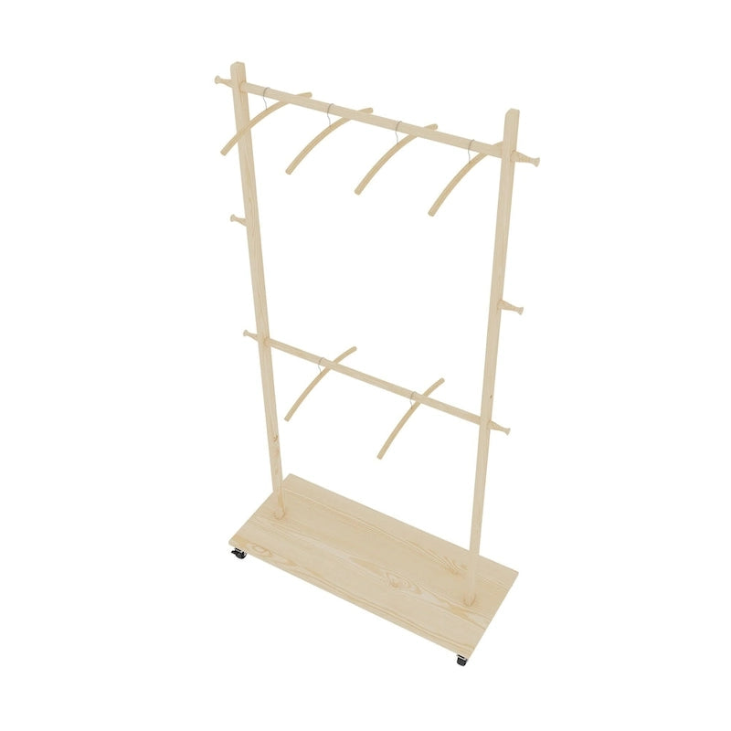 Portant à Vêtements Autonome en Bois avec Doubles Tiges, Étagère Inférieure, Roulettes, Beige