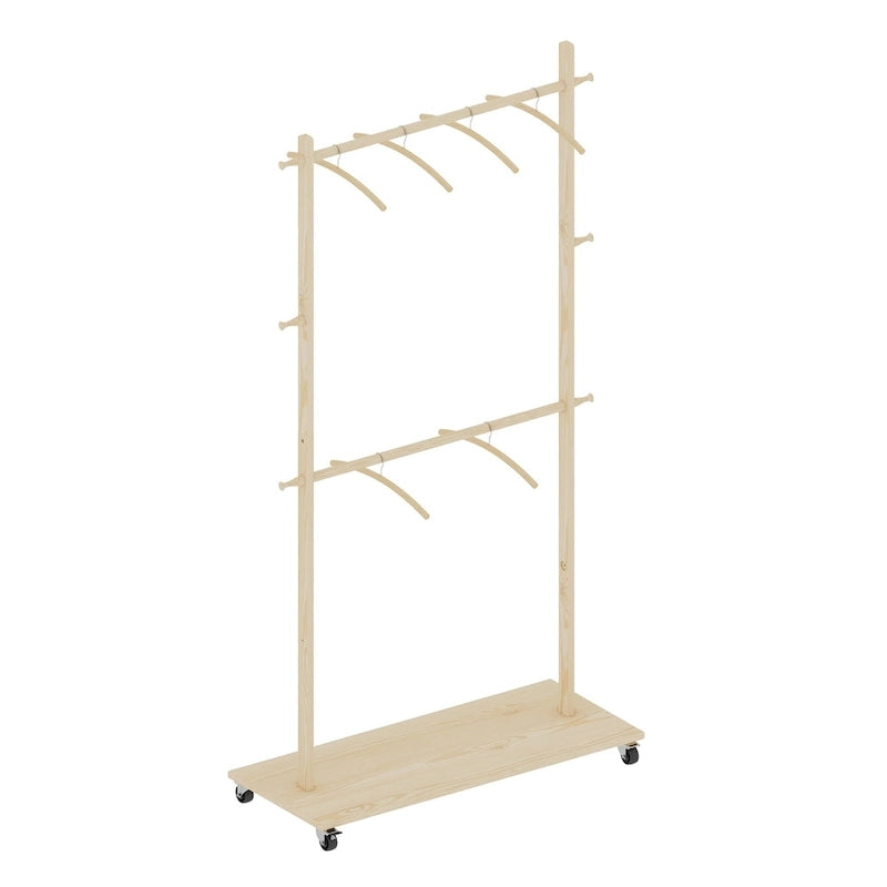 Portant à Vêtements Autonome en Bois avec Doubles Tiges, Étagère Inférieure, Roulettes, Beige
