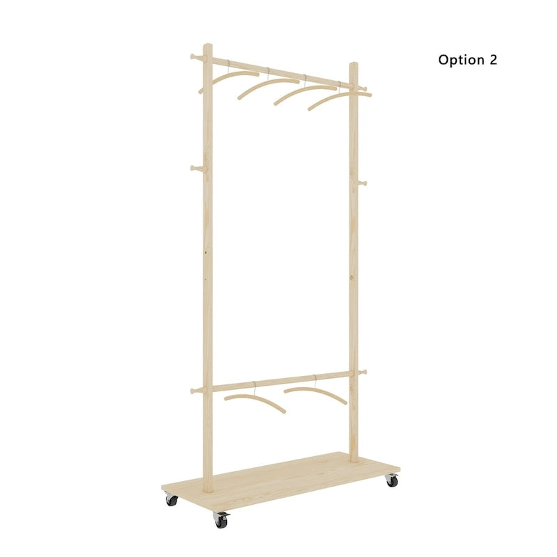 Portant à Vêtements Autonome en Bois avec Doubles Tiges, Étagère Inférieure, Roulettes, Beige