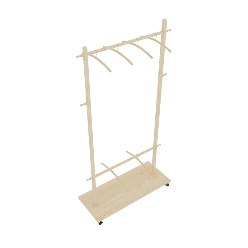 Portant à Vêtements Autonome en Bois avec Doubles Tiges, Étagère Inférieure, Roulettes, Beige