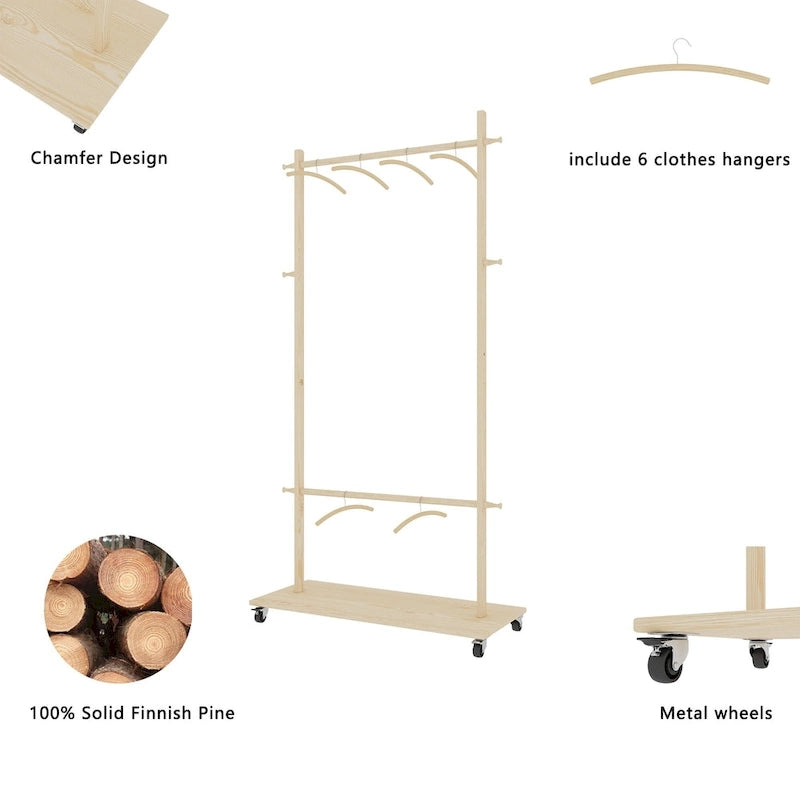Portant à Vêtements Autonome en Bois avec Doubles Tiges, Étagère Inférieure, Roulettes, Beige