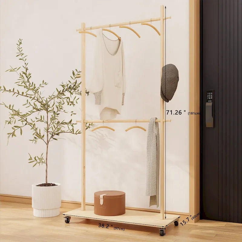 Portant à Vêtements Autonome en Bois avec Doubles Tiges, Étagère Inférieure, Roulettes, Beige