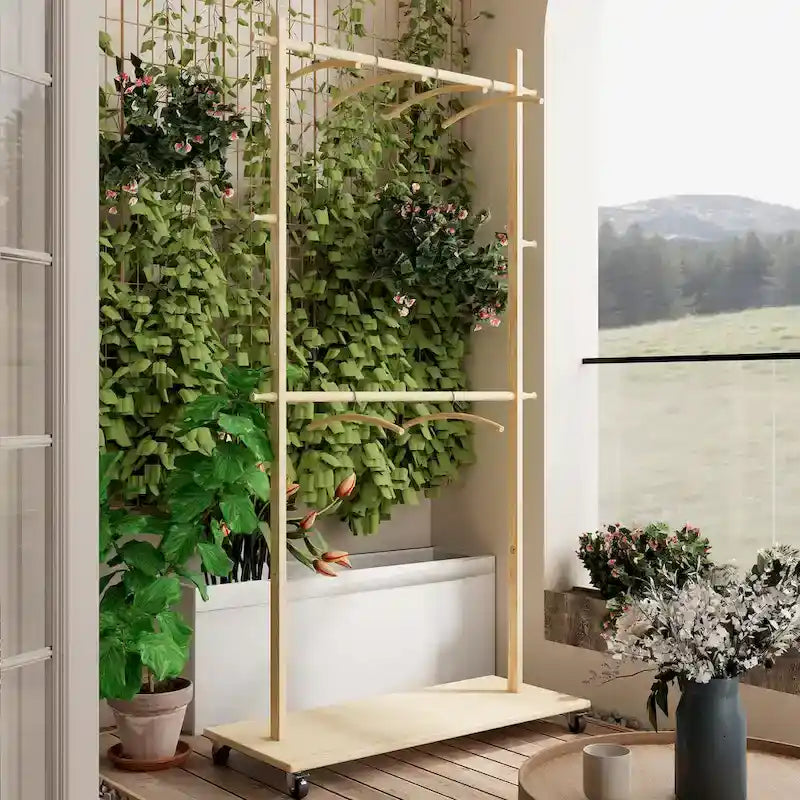 Portant à Vêtements Autonome en Bois avec Doubles Tiges, Étagère Inférieure, Roulettes, Beige