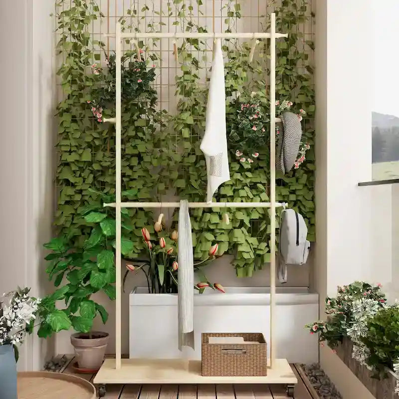 Portant à Vêtements Autonome en Bois avec Doubles Tiges, Étagère Inférieure, Roulettes, Beige