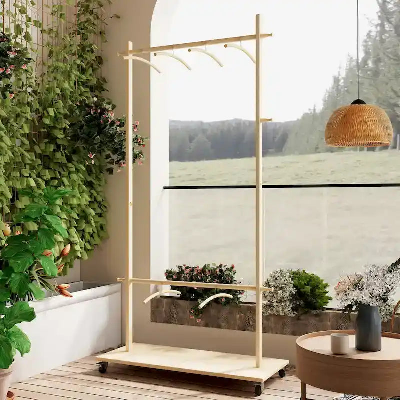 Portant à Vêtements Autonome en Bois avec Doubles Tiges, Étagère Inférieure, Roulettes, Beige