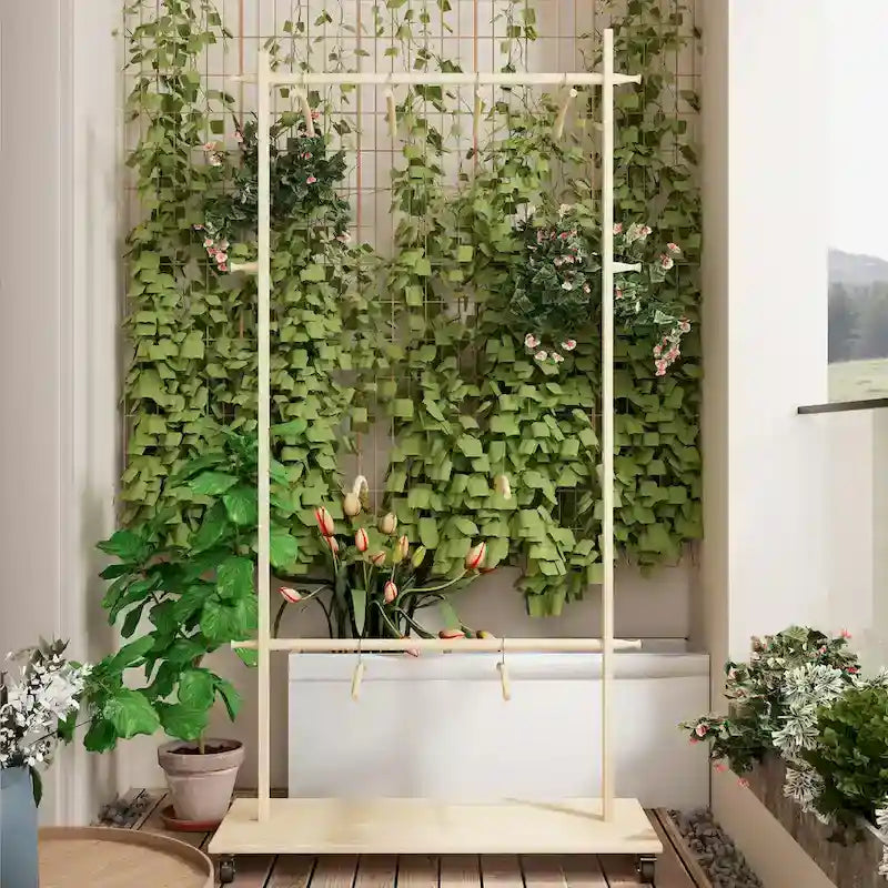 Portant à Vêtements Autonome en Bois avec Doubles Tiges, Étagère Inférieure, Roulettes, Beige