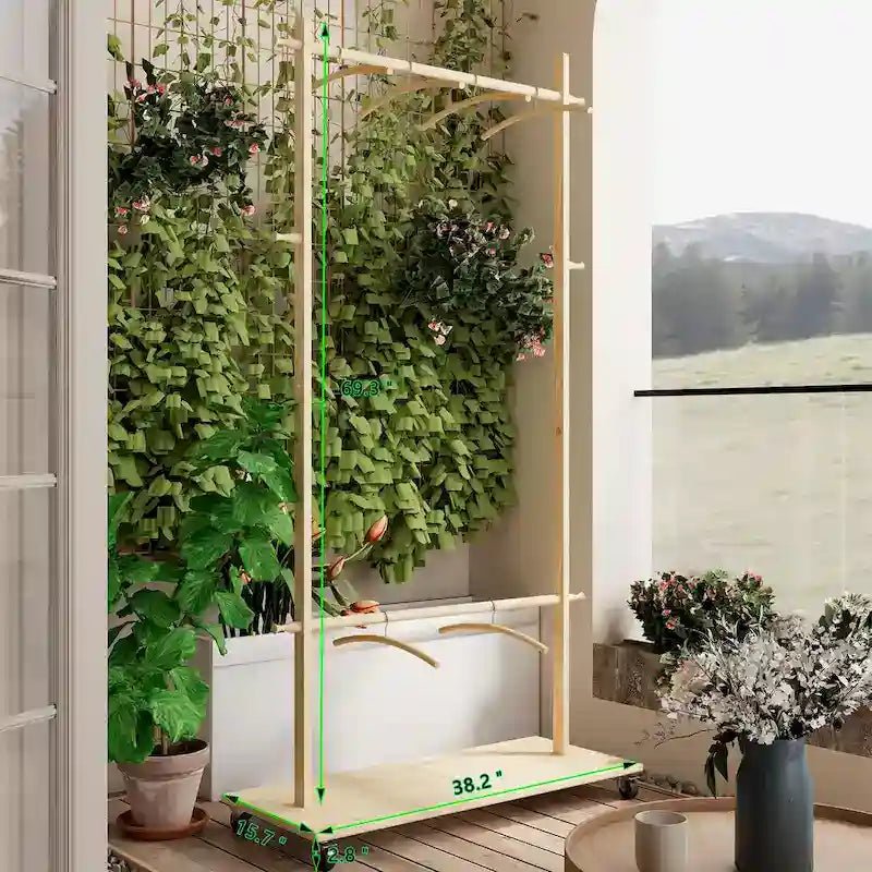 Portant à Vêtements Autonome en Bois avec Doubles Tiges, Étagère Inférieure, Roulettes, Beige