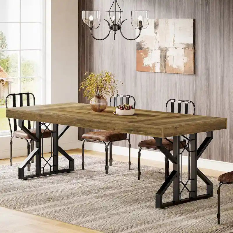 Table à manger rectangulaire Plateau extra épais Piétement métallique robuste Marron naturel