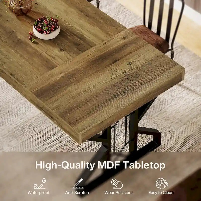 Table à manger rectangulaire Plateau extra épais Piétement métallique robuste Marron naturel