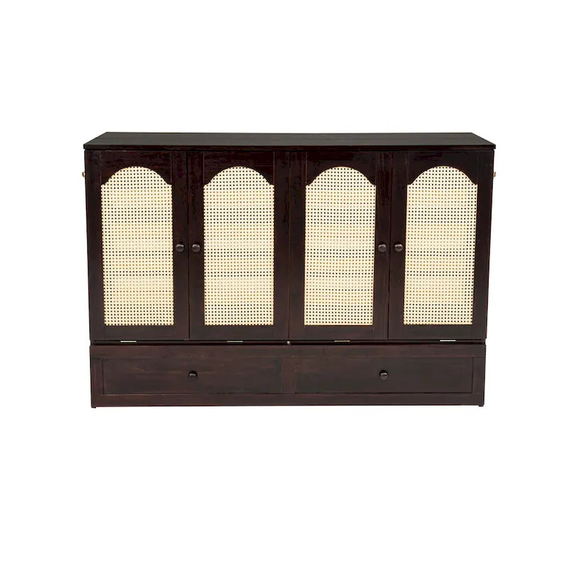 Meuble en noyer avec portes arquées en rotin et tiroirs de rangement