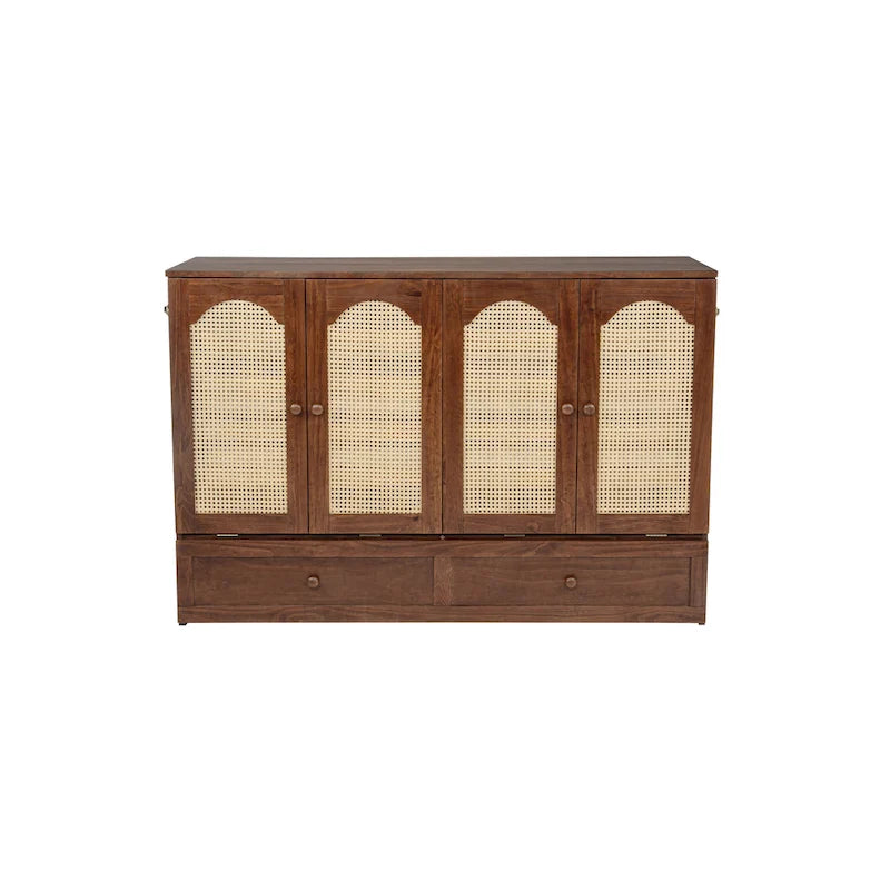 Meuble en noyer avec portes arquées en rotin et tiroirs de rangement