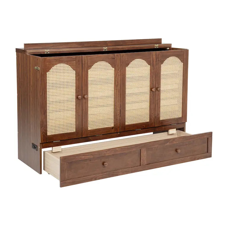 Meuble en noyer avec portes arquées en rotin et tiroirs de rangement