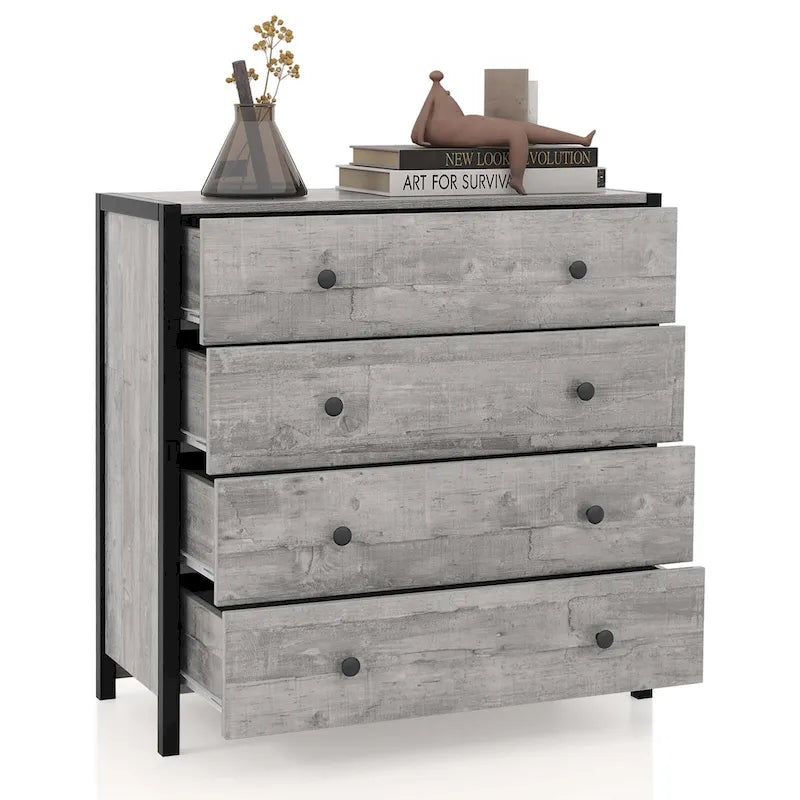 Commode à 4 tiroirs Meuble de rangement en bois Chêne Gris