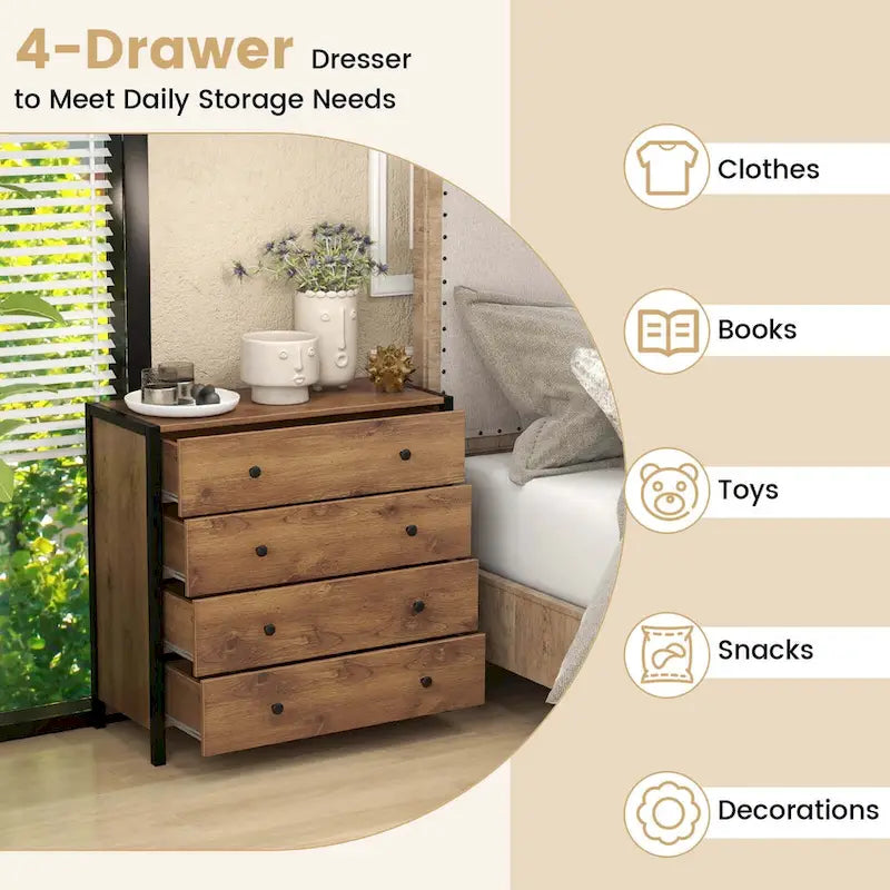 Commode à 4 tiroirs Meuble de rangement en bois Chêne Gris